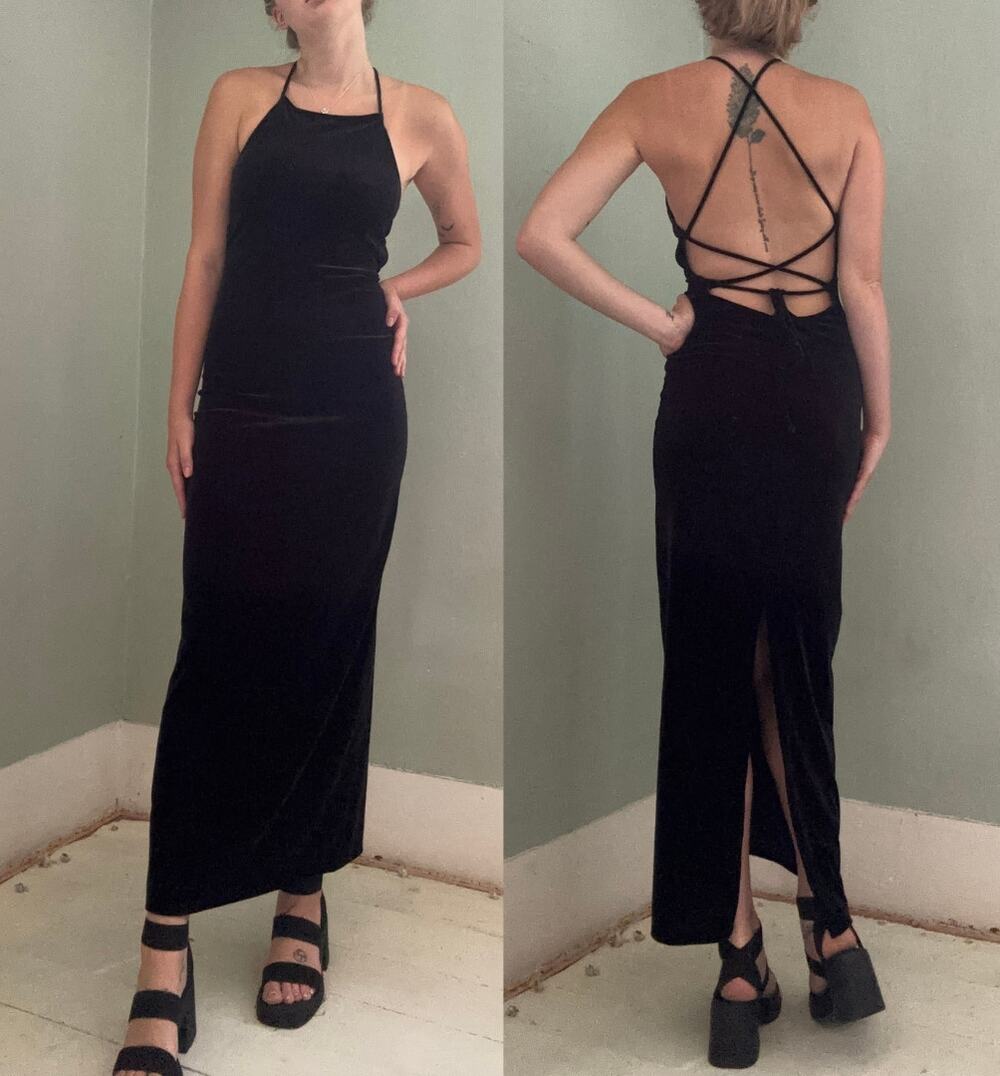 Vintage 90s Finesse U.S.A. Black Velvet Open Back Full Length Dress Size Medium